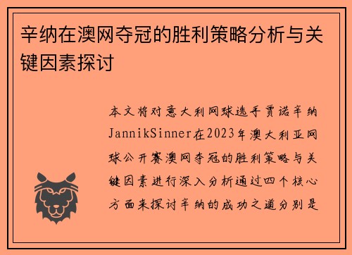 辛纳在澳网夺冠的胜利策略分析与关键因素探讨