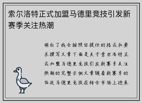 索尔洛特正式加盟马德里竞技引发新赛季关注热潮